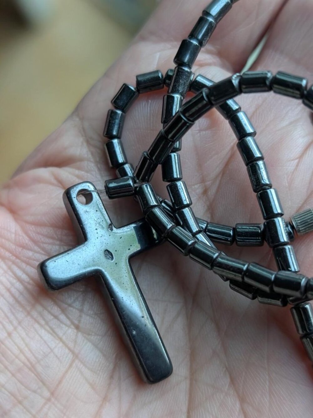 Vintage Black Hematite Cylinder Beaded Cross Necklace